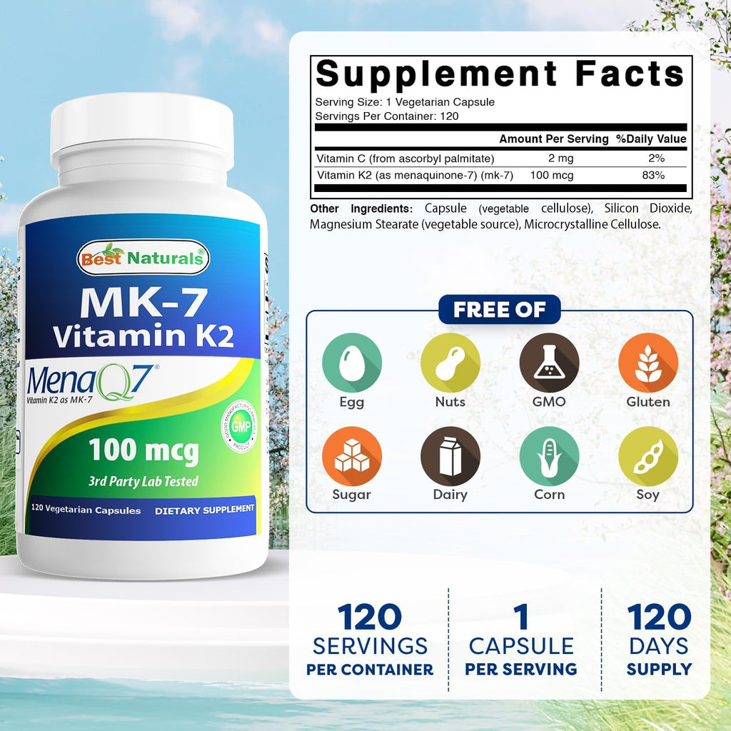Best Naturals MK-7 Vitamina K2 100 mcg 120 Cápsulas Vegetales