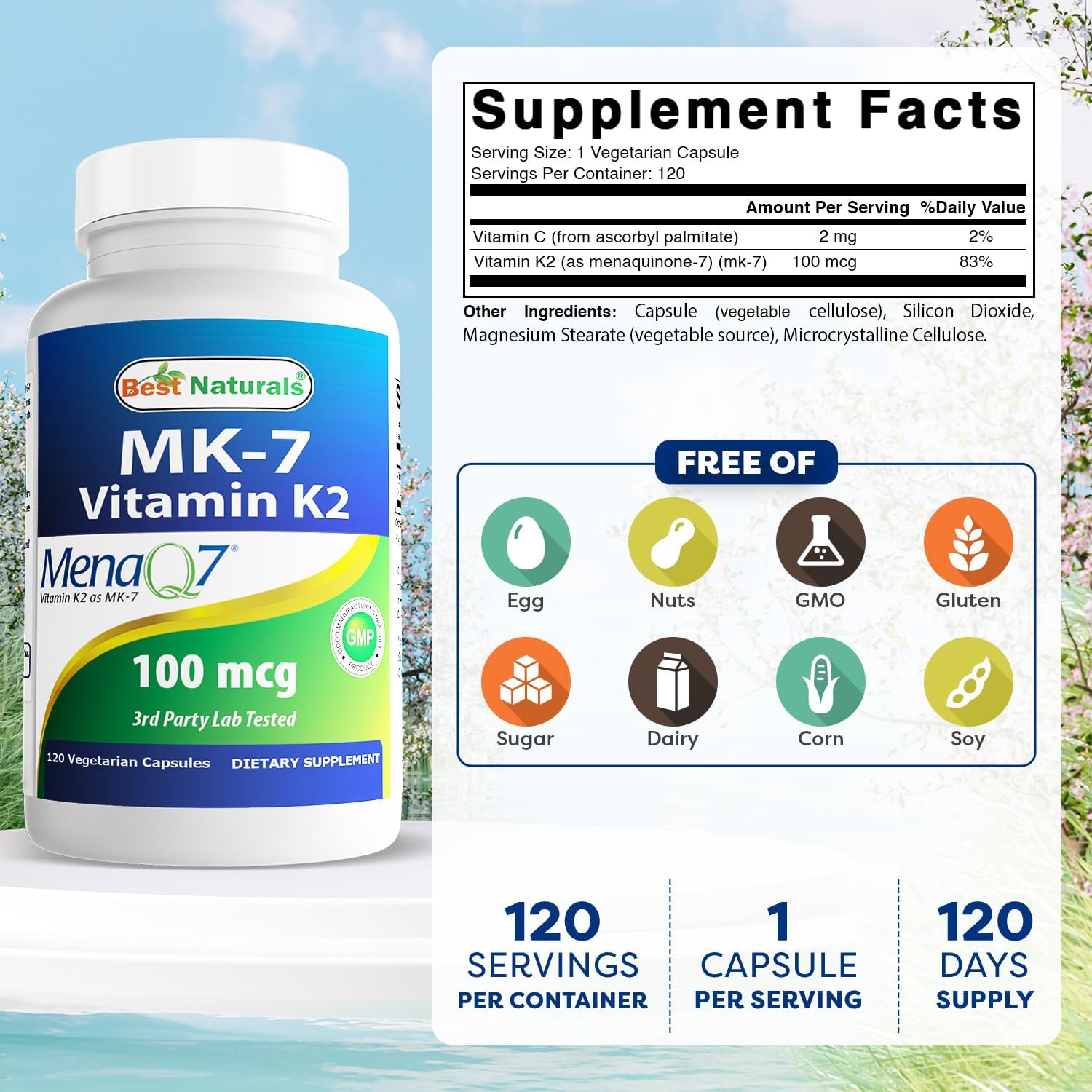 Best Naturals MK-7 Vitamina K2 100 mcg 120 Cápsulas Vegetales