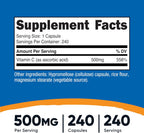 Nutricost Vitamina C 500mg, 240 Cápsulas – Vegetariano, Sin Gluten y No-GMO