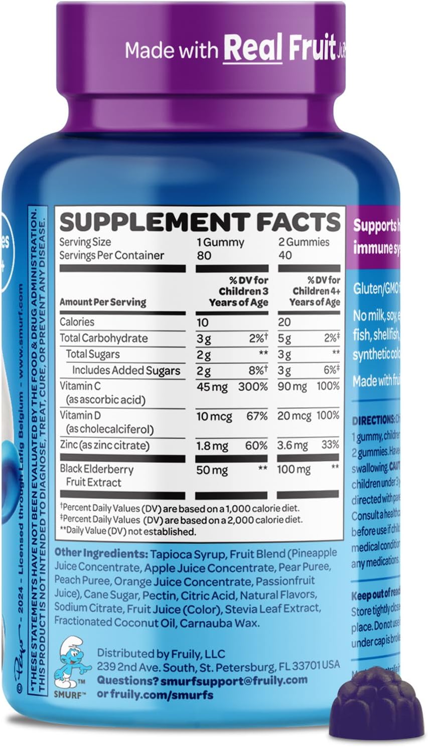 Smurfs Immune Support Gominolas para Niños con Saúco, Zinc, Vitamina C y D - Defensas Naturales - 80 Gominolas
