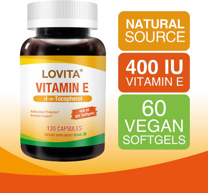 LOVITA Vitamina E 400 UI Cápsulas Blandas Veganas, Vitamina E Natural 268 mg (como D-Alfa Tocoferol), 120 Cápsulas (Pack de – Image 2