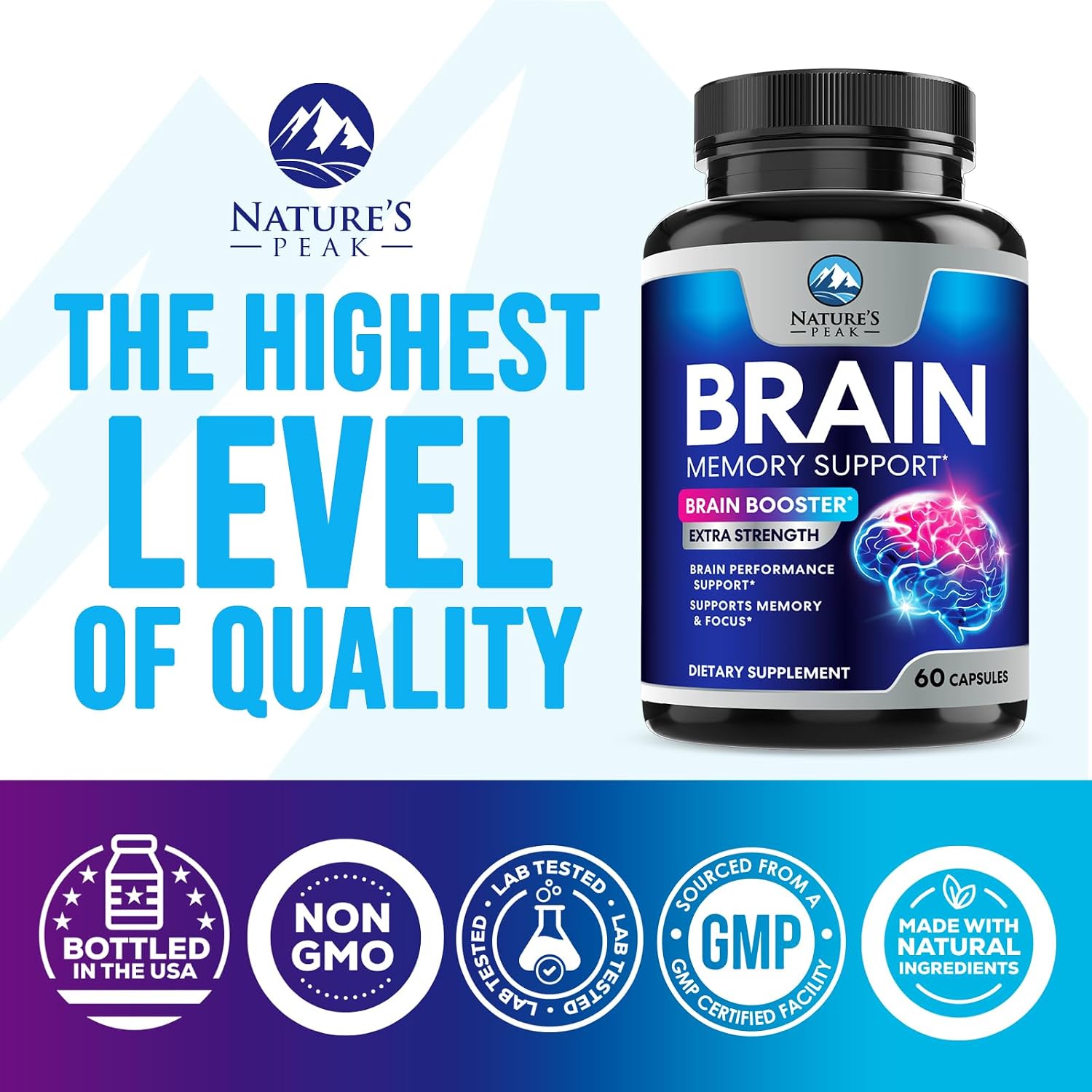 Nature's Peak Suplemento para la Memoria y Concentración - 3X Fuerza Nootrópico con Bacopa, Ginkgo Biloba y DMAE - 60 Cápsulas