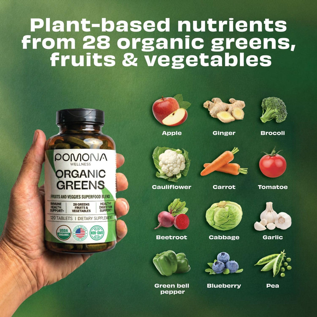 Pomona Wellness Super Greens - Complemento de Superalimentos Ecológicos, 120 Comprimidos
