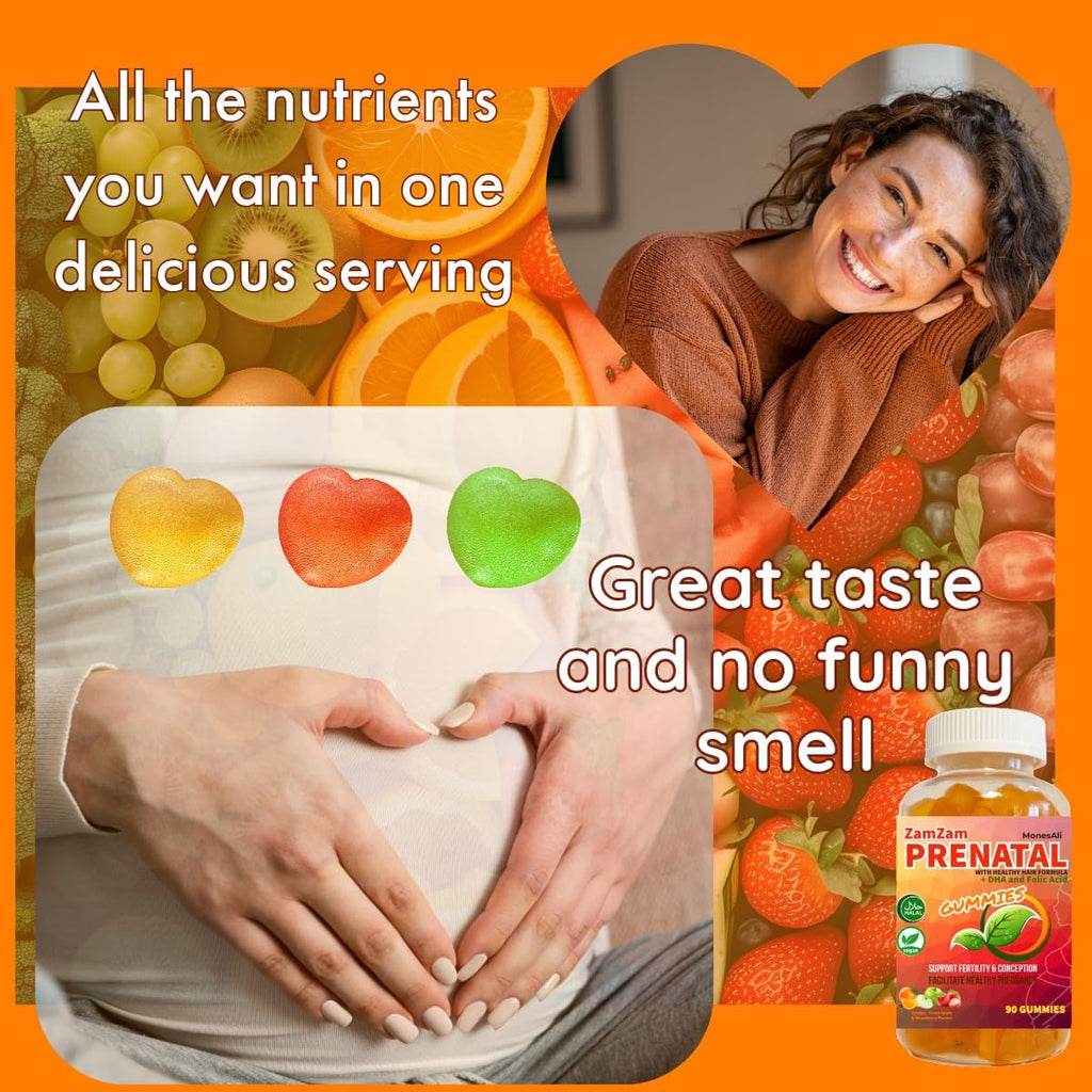 MonesAli Prenatal Gummies - Multivitamínico Prenatal y Postnatal Vegano con Folato, DHA, Hierro y Biotina - 90 Gominolas