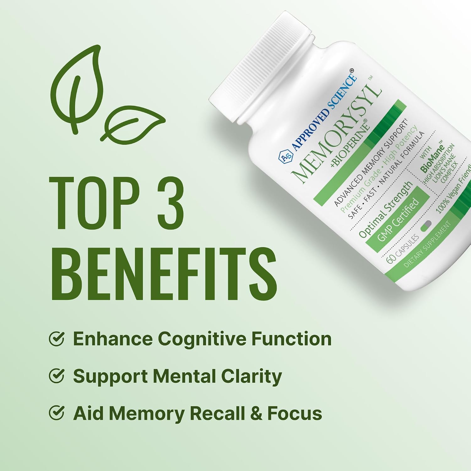 Approved Science MemorySyl - Suplemento para la Memoria con Lion's Mane y BioPerine - 3 Meses - Vegano