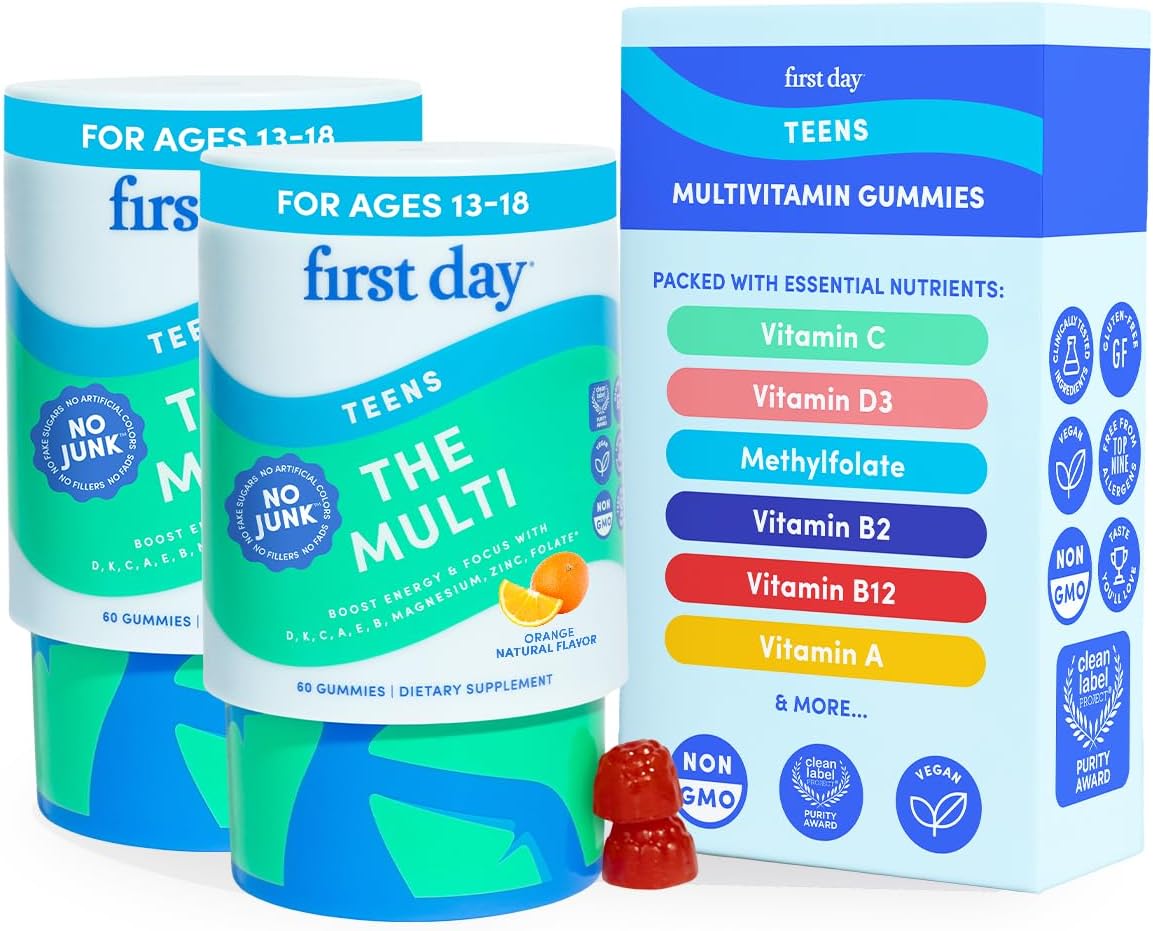 FIRST DAY Vitaminas para Adolescentes - Multivitamínico para Chicos y Chicas 12-17, Mezcla Orgánica de Frutas y Verduras - 12 Nutrientes Clave: Vitaminas A, B1, B2, B6, B9, B12, C, D3, E, K2 - 60 Días