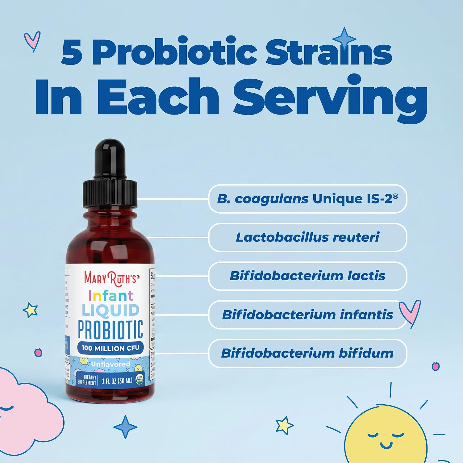 MaryRuth's Probiótico Líquido Orgánico para Bebés de 6 a 12 Meses | 100 Millones UFC | 5 Cepas | USDA Orgánico | Vegano | Sin Sabor | 30 ml
