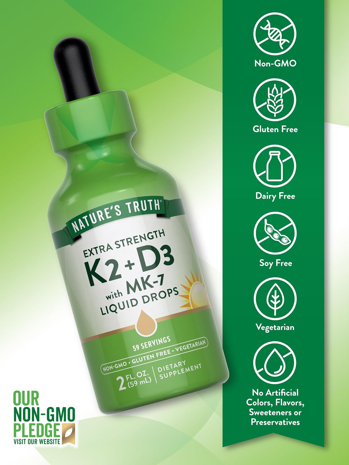 Nature's Truth Vitamina D3 + K2 Gotas Líquidas con MK-7 | 2 Fl Oz | Suplemento Vegetariano, No-GMO y Sin Gluten