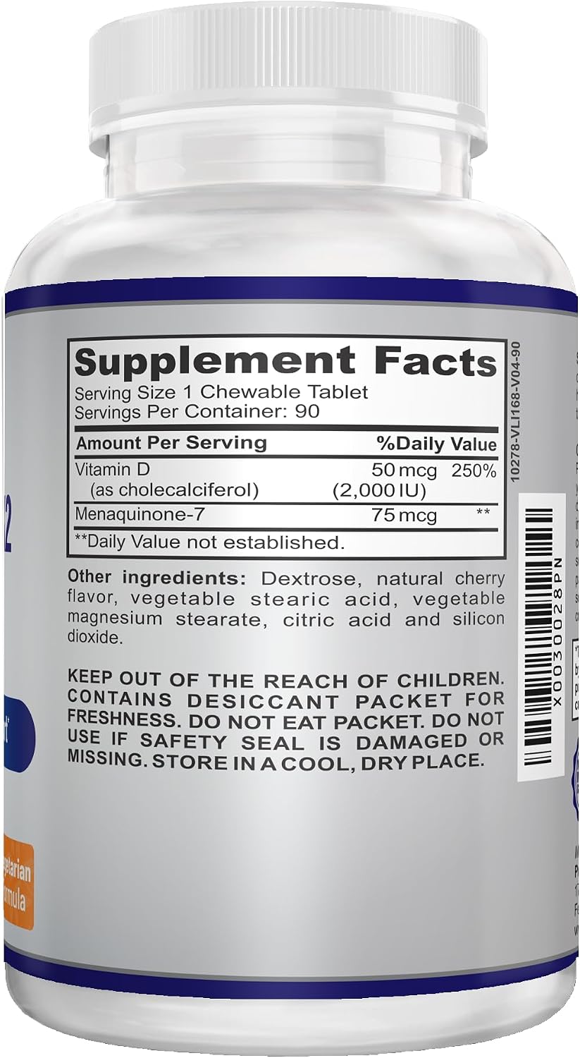 O!VITA Vitamina D3 + K2 2000UI Masticable para el Mantenimiento de los Huesos, 90 Comprimidos Vegetarianos (Suministro para 3 Meses)