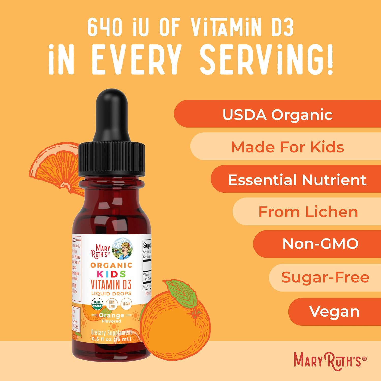 MaryRuth's Gotas Orgánicas de Vitamina D3 para Niños – 640 UI por Dosis – Sabor Naranja – 30 Dosis