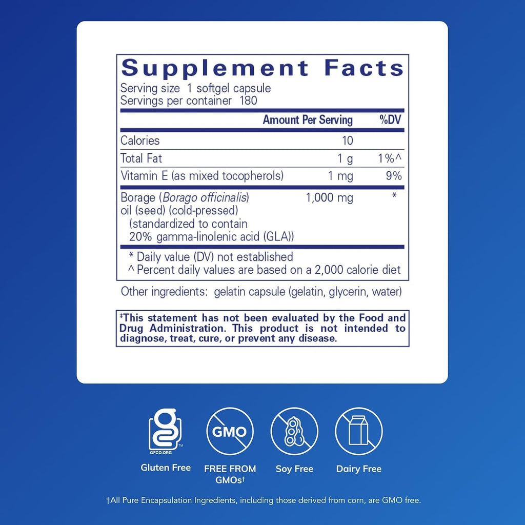 Pure Encapsulations Borraja Aceite | Suplemento Hipoalergénico | 180 Cápsulas Blandas