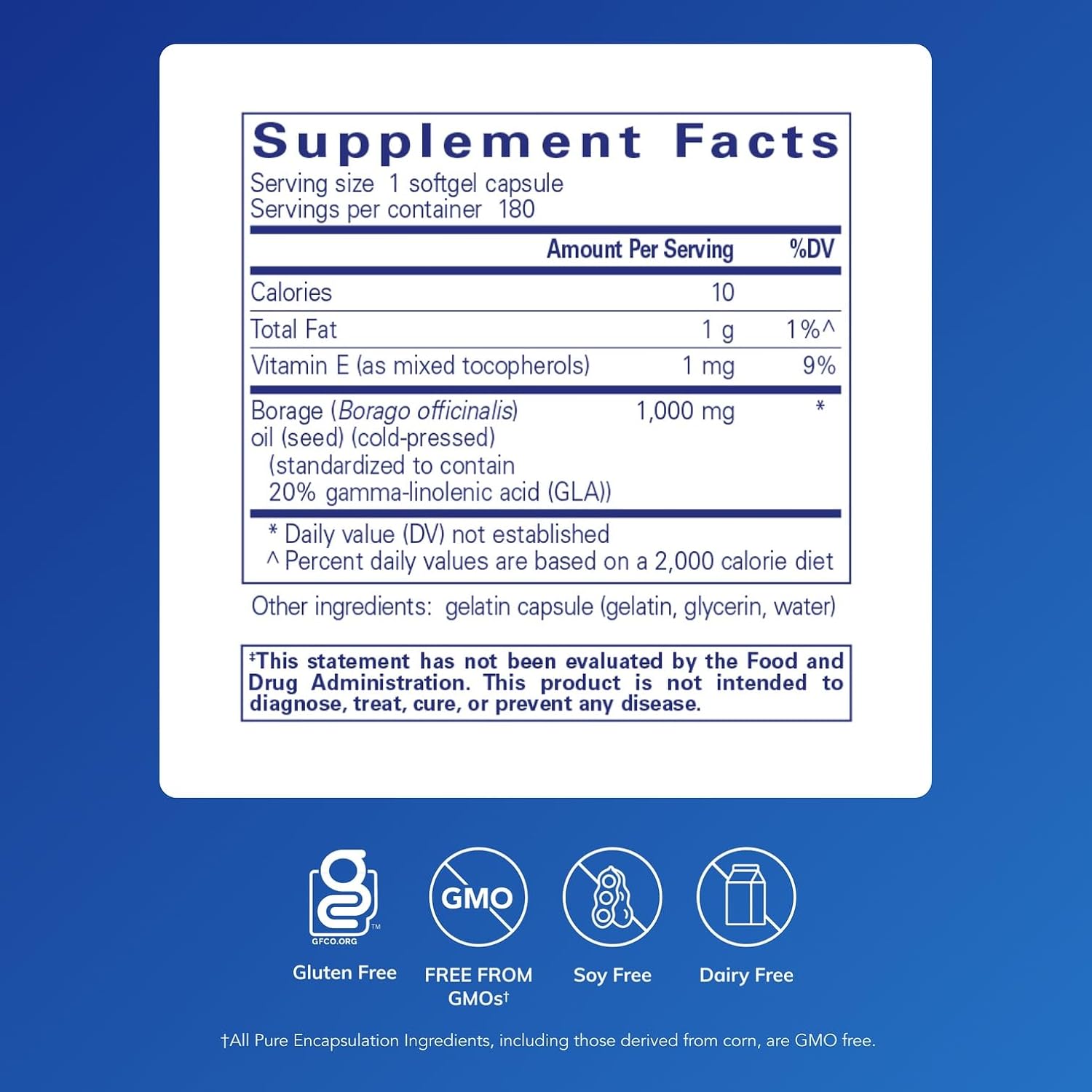 Pure Encapsulations Borraja Aceite | Suplemento Hipoalergénico | 180 Cápsulas Blandas