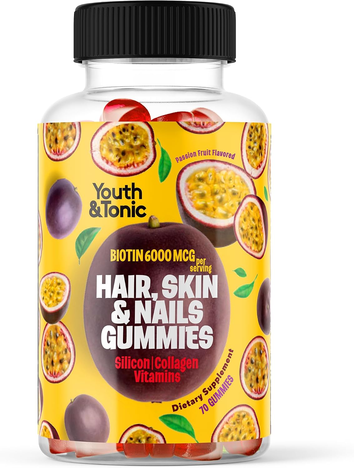 70 Gominolas de Biotina 6000mcg, Colágeno, Silicona, PABA y Multivitaminas para Cabello, Piel y Uñas - Youth & Tonic