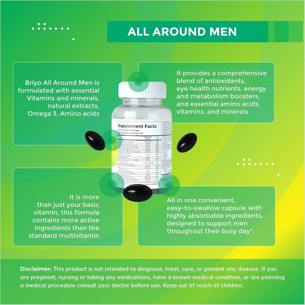 Briyo All Around Men - Multivitamínico para Hombres con 38 Vitaminas, Minerales, Omega 3 y Extractos Vegetales