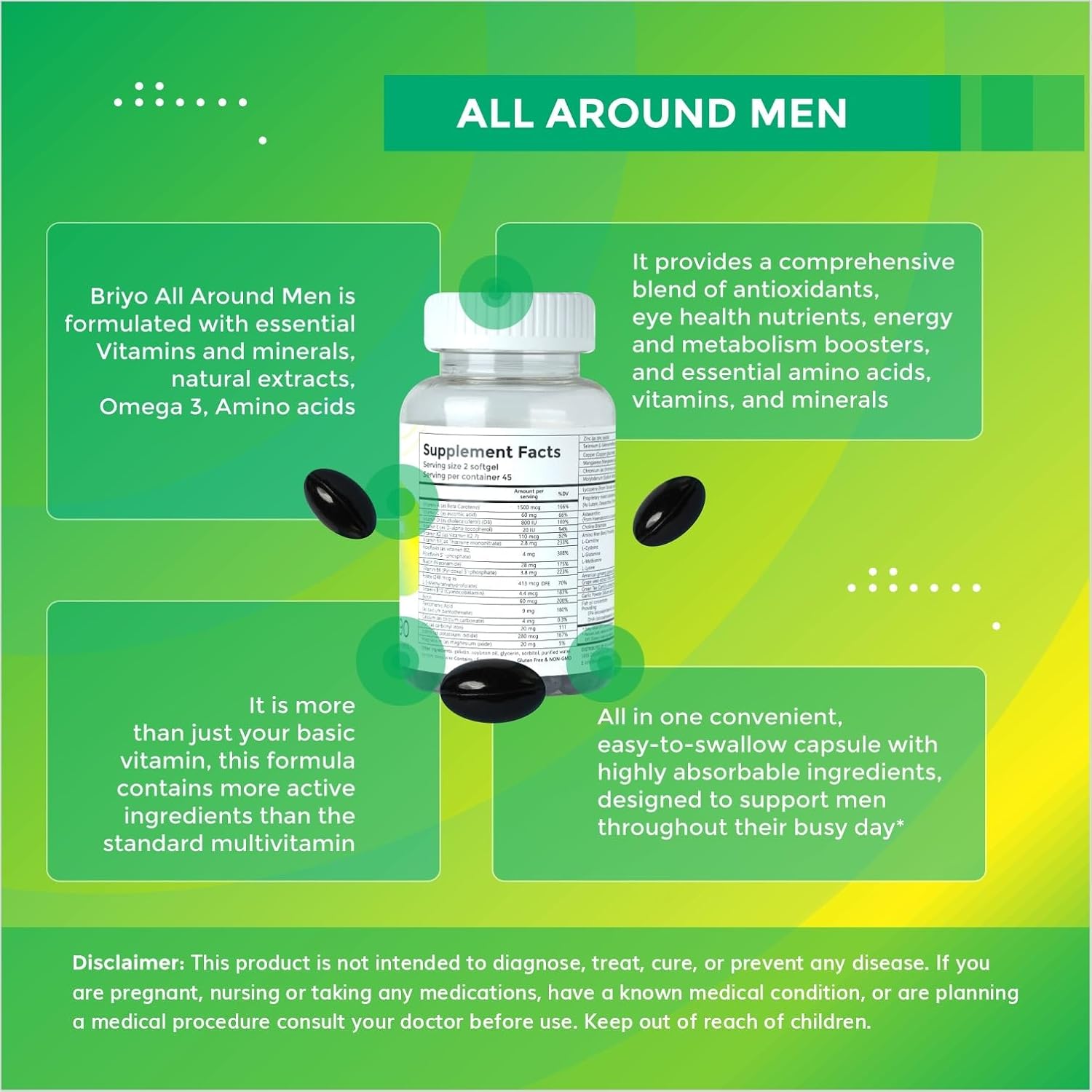 Briyo All Around Men - Multivitamínico para Hombres con 38 Vitaminas, Minerales, Omega 3 y Extractos Vegetales