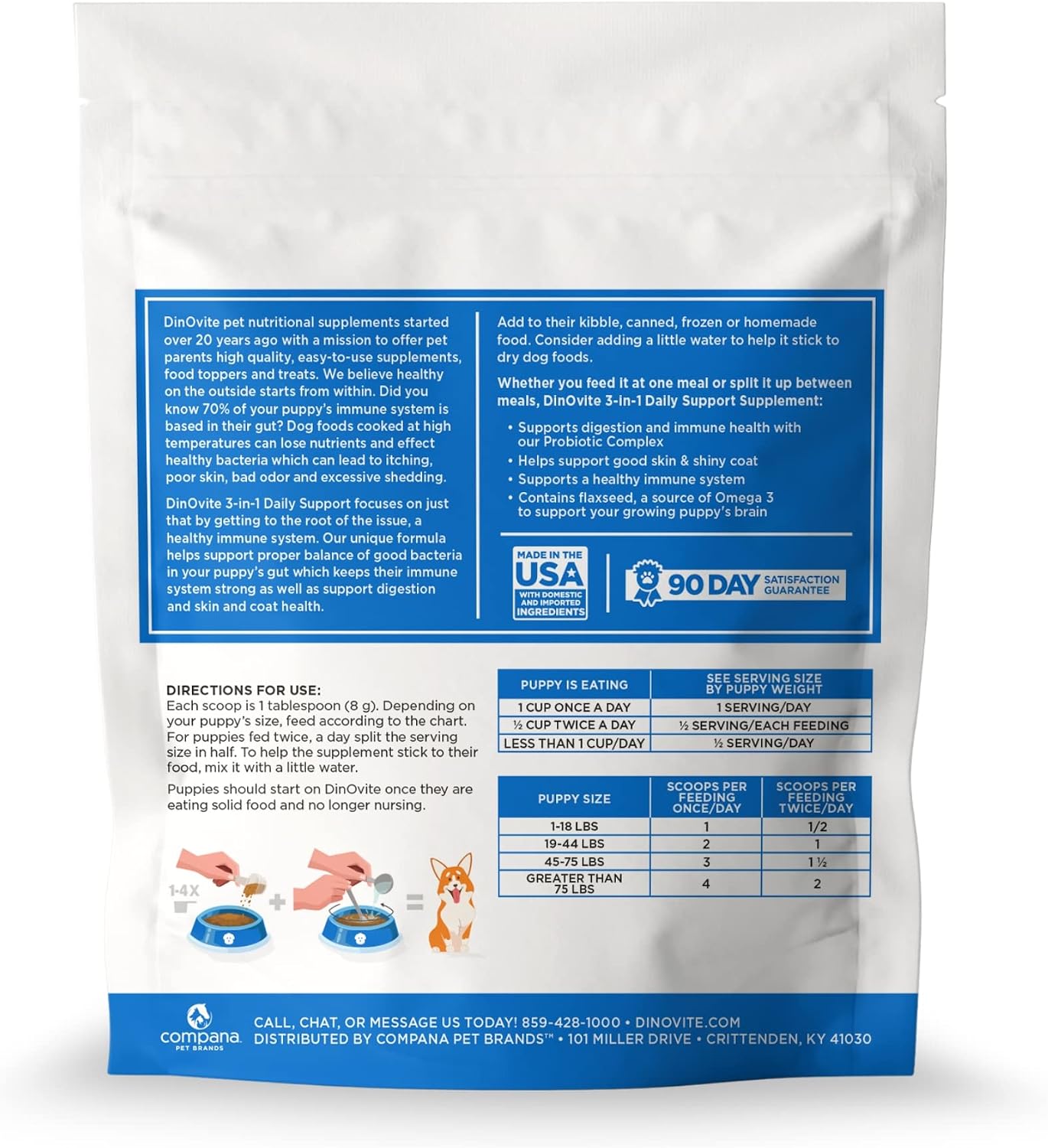 Dinovite Probiótico para Cachorros - Complemento Alimenticio Digestivo y para la Piel con Omega-3, 90 porciones