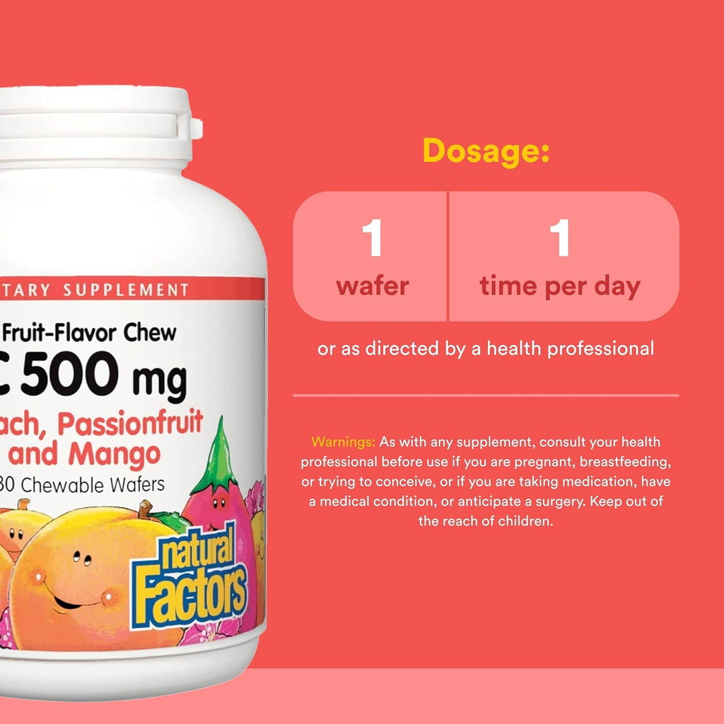 Natural Factors Vitamina C Masticable para Niños 500 mg - 180 Comprimidos - Sabor Melocotón, Maracuyá y Mango