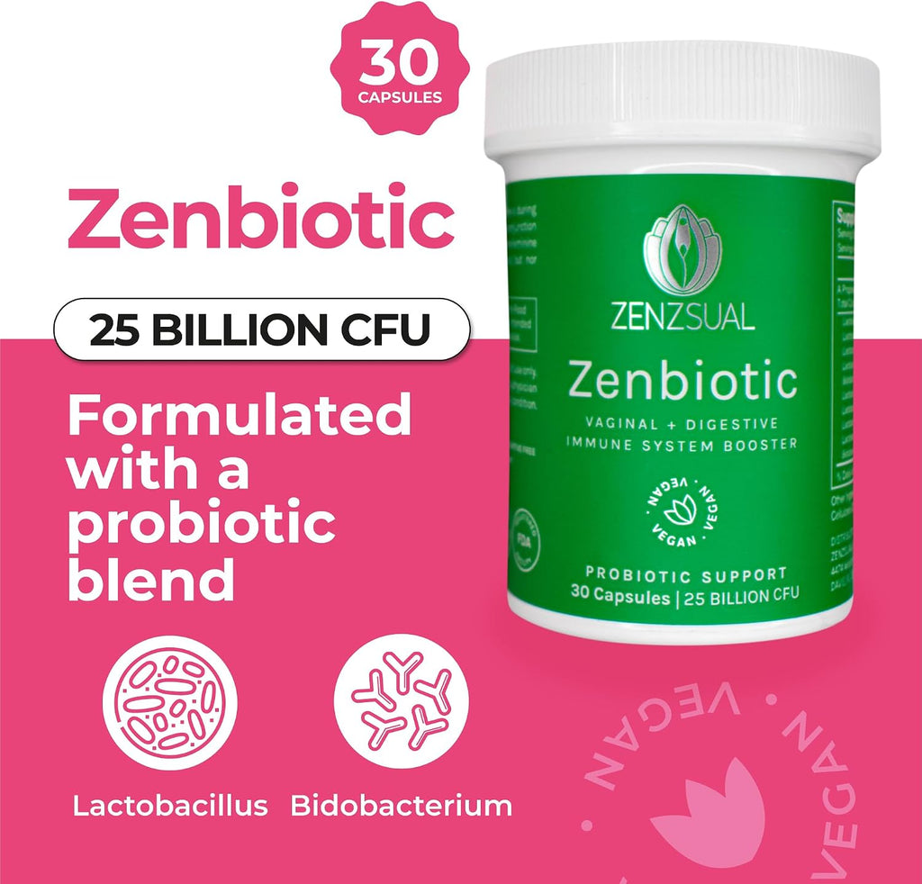 ZENZSUAL Zenbiotic Probióticos para Mujeres – 25 Mil Millones UFC, Salud Vaginal y Equilibrio del pH, Control de Olores y Levaduras, Salud Digestiva e Intestinal, Confort Urinario, 30 Cápsulas Veganas
