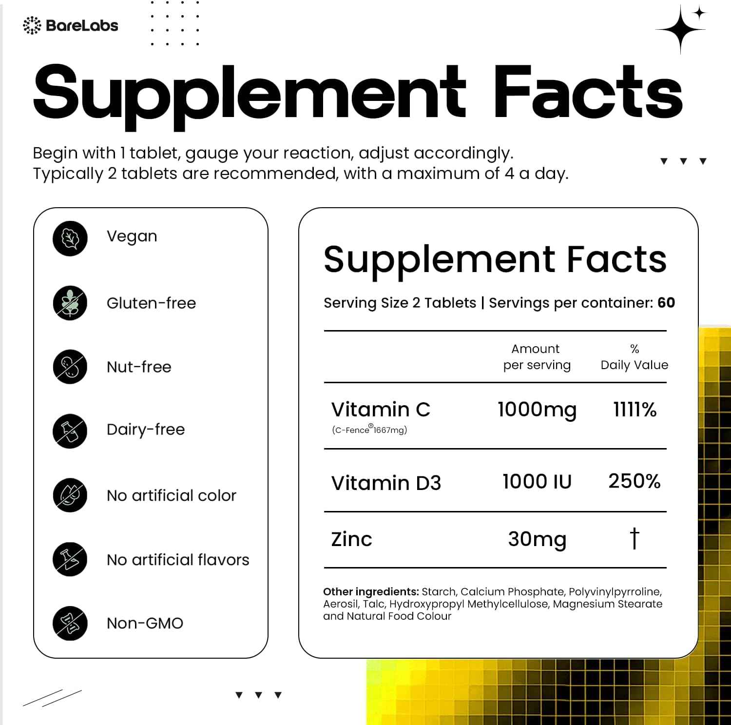 BareLabs Super C – Vitamina C 1000 mg + Vitamina D3 1000 UI + Zinc 30 mg, 120 Comprimidos de Liberación Prolongada