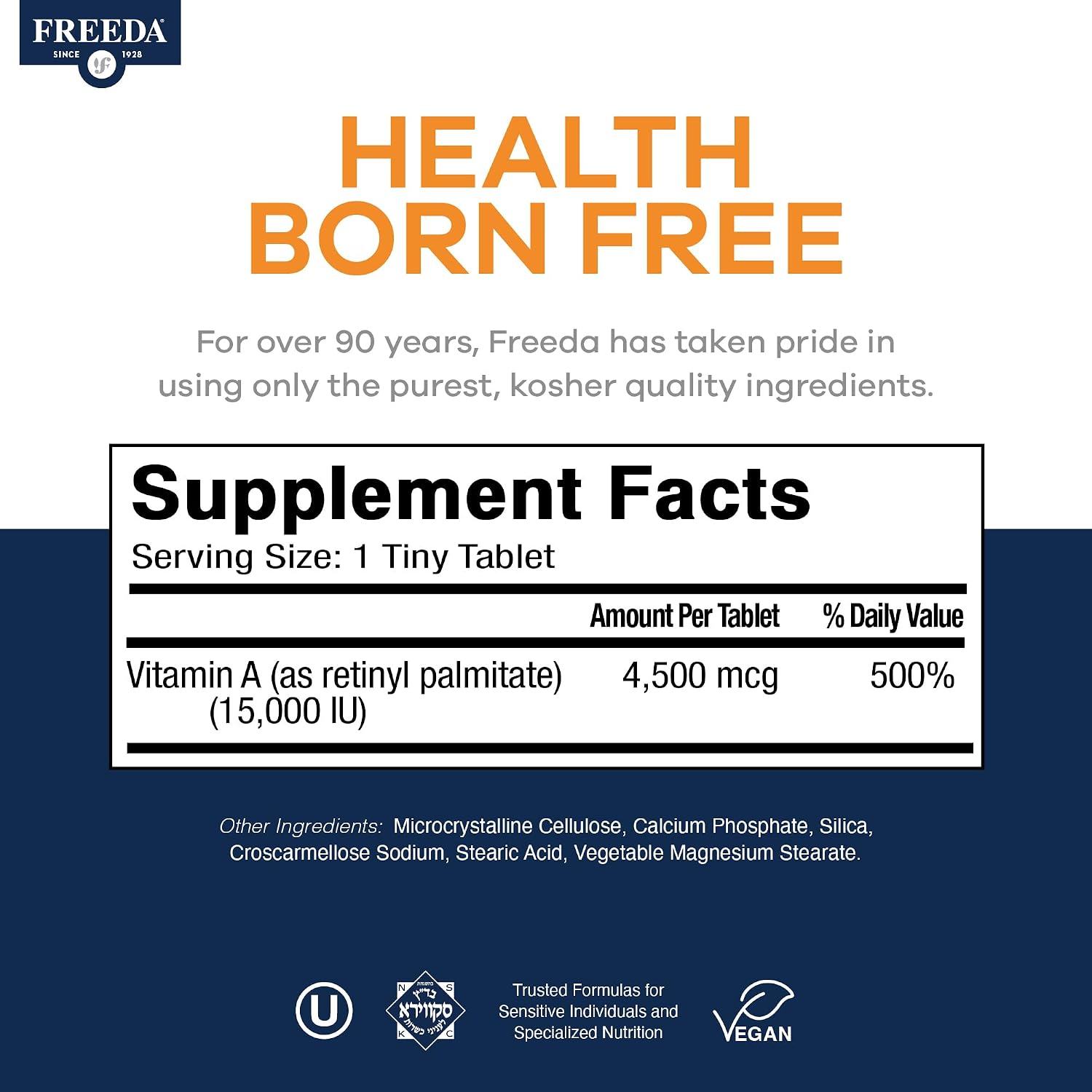 Freeda Vitamin A 15,000 IU – Retinyl Palmitate – Vegan, Kosher – Vision, Skin & Immunity Support – 250 Tablets