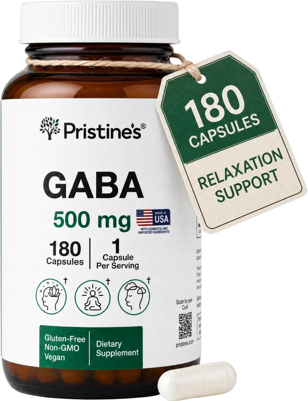 PRISTINE'S GABA 500mg - Apoyo al Sueño y Relajación - 180 Cápsulas