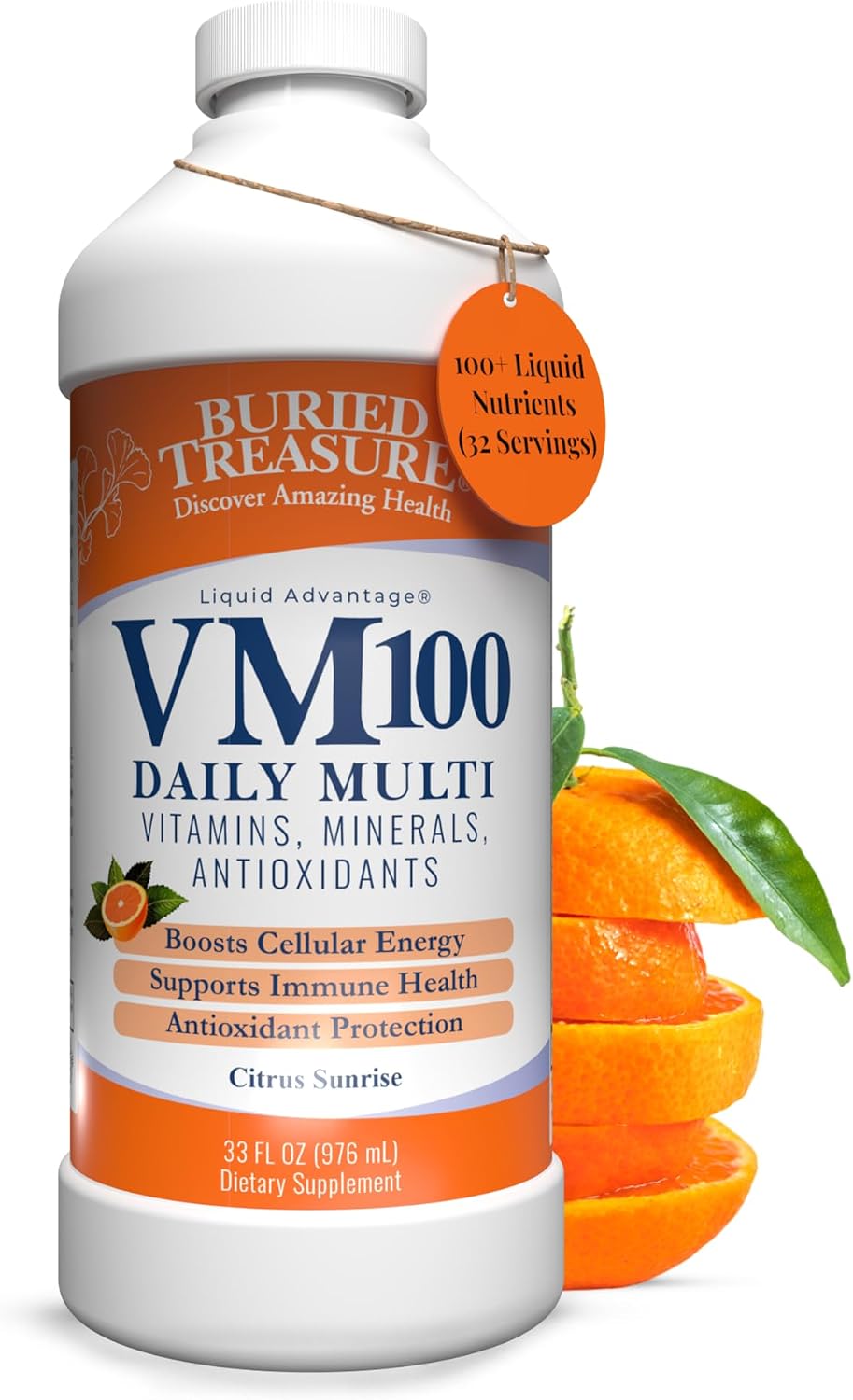 Buried Treasure VM100 Complejo Líquido Diario de Vitaminas y Minerales con Antioxidantes, Vegano, Sin Azúcar, Sabor Naranja, 32 Raciones, 946 ml