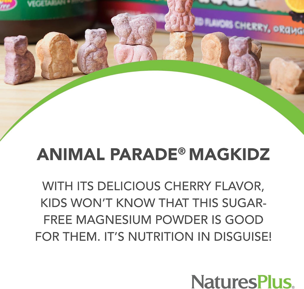 NaturesPlus Animal Parade MagKidz - Magnesio Infantil en Polvo Sabor Cereza - 45 Raciones