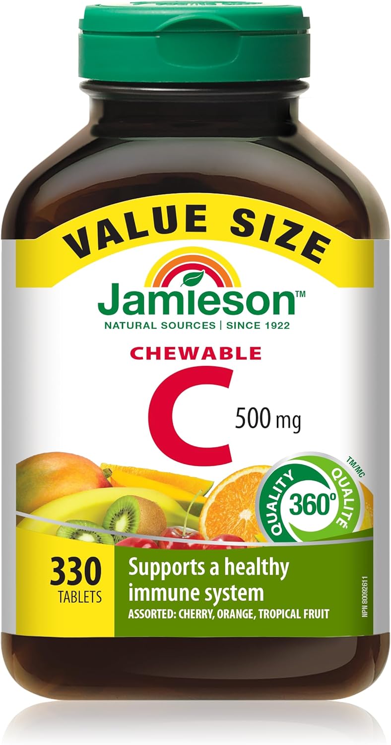 Jamieson Vitamina C Masticable 500 mg, Frasco de 330 tabletas, 3 sabores