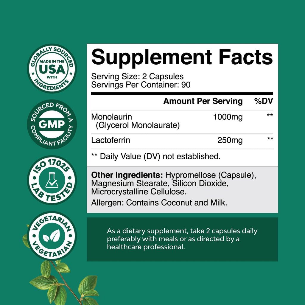 High Strength Lactoferrin & Monolaurin Supplement - 250mg Lactoferrin and 1000mg Monolaurin - 180 Cápsulas Vegetarianas