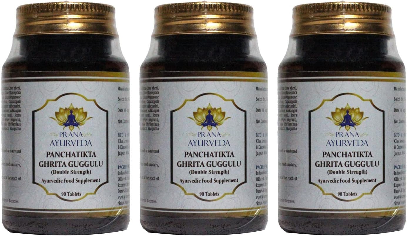 PANCHATIKTA GHRITA GUGGULU (Doble Concentración) - 90 Comprimidos - Fórmula Ayurvédica Tradicional (Pack de 3)