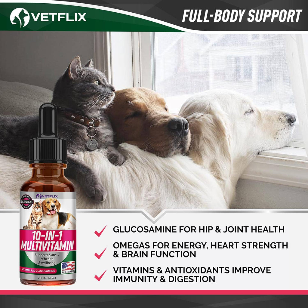 10 en 1 Vitaminas Líquidas para Perros y Gatos, 2 Fl Oz | Glucosamina y Multivitamínico