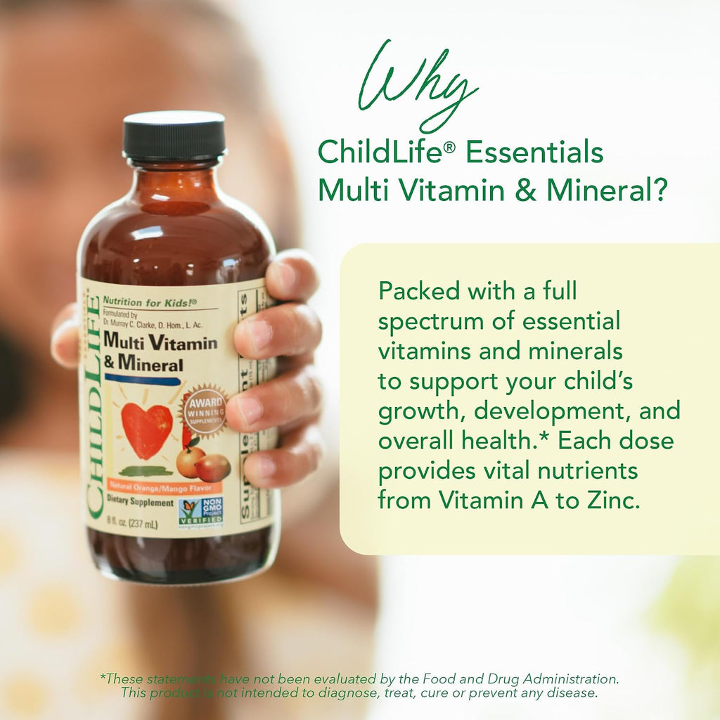CHILDLIFE ESSENTIALS Multivitamínico y Mineral para Niños - Suplemento Líquido para Bebés y Niños - Sabor Natural Naranja y Mango - 237 ml (Pack de 4)