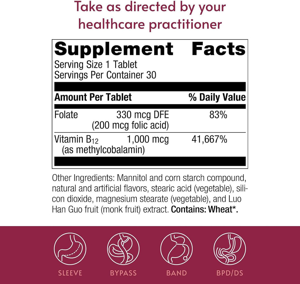 Bariatric Advantage B-12 Speedy Melts - Vitamina B12 1000 mcg con Ácido Fólico, 30 Comprimidos de Disolución Rápida Sabor Menta