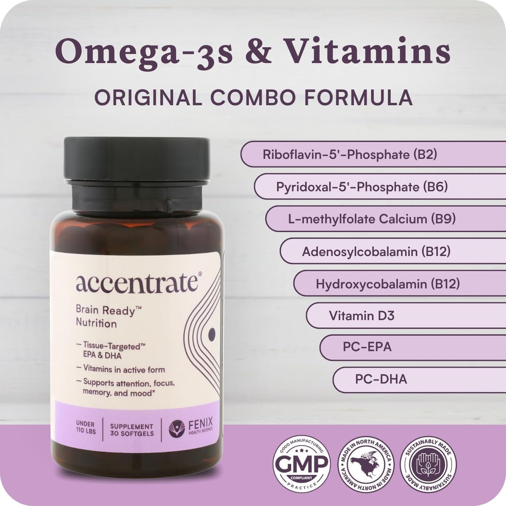 Accentrate Suplemento Cerebral Infantil | Omega-3 + Vitaminas B Metiladas