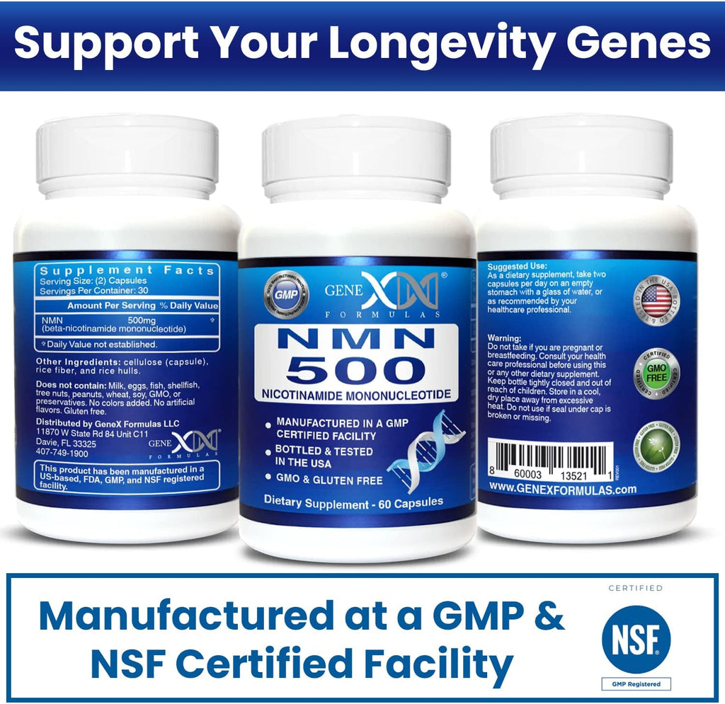 Genex Formulas NMN 500mg – 99% Pureza, 60 Cápsulas, para Niveles de NAD+ y Envejecimiento Saludable