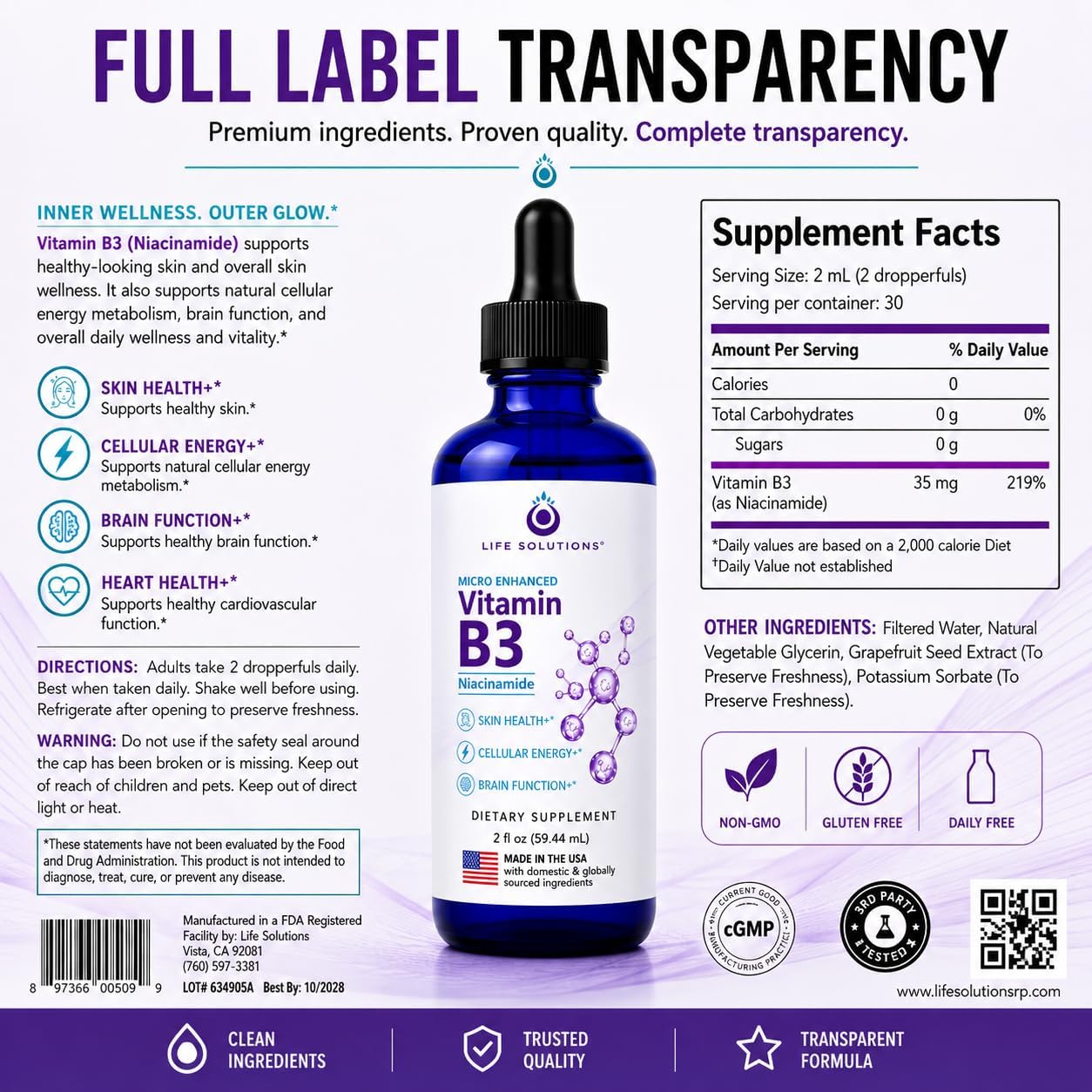 Life Solutions Gotas de Vitamina B3 Niacinamida 60 ml | Suplemento Sin Sofocos