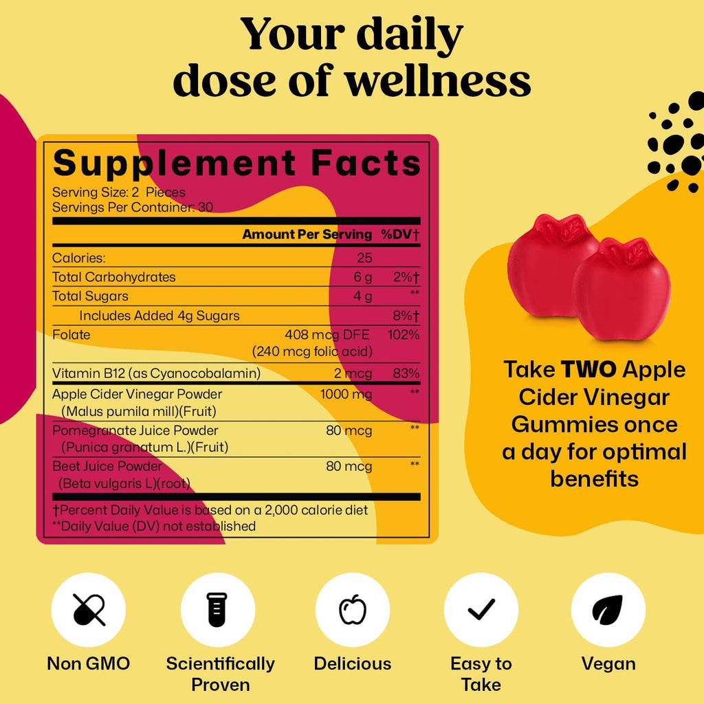 ColonBroom Gominolas de Vinagre de Manzana para Mujeres, 60 Gominolas, 30 Días de Suministro, Vegano, No OGM