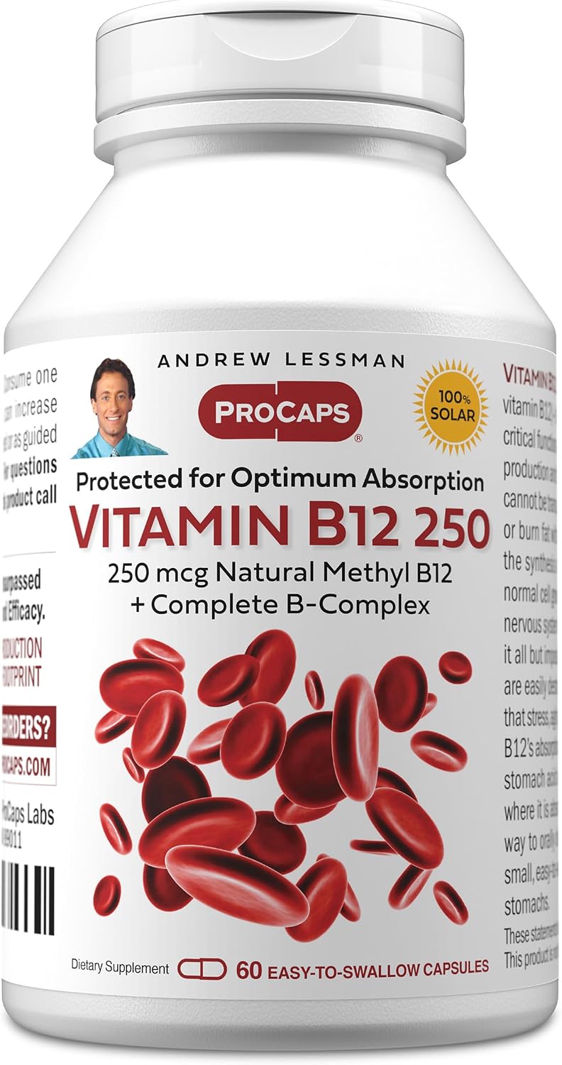 ANDREW LESSMAN Vitamina B12 250 mcg, 360 Cápsulas - Metilcobalamina de Absorción Protegida, Complejo B para Energía y Estrés