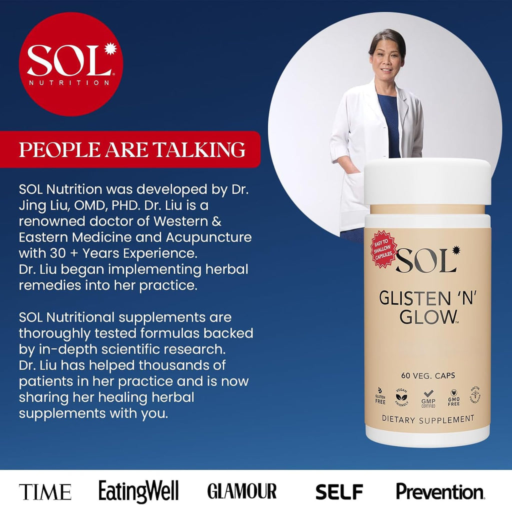 Sol Nutrition Glisten 'N' Glow: Suplemento de Vitaminas para la Piel con Biotina, Colágeno, Vitaminas A, B, C y E, 60 Cápsulas