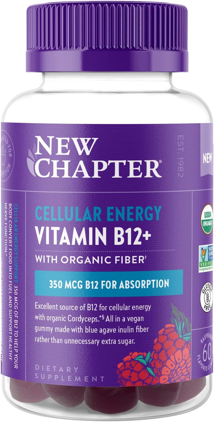 New Chapter® Gominolas Orgánicas de Vitamina B12+ – 47% Menos Azúcar, USDA Orgánico, Vegano, Sabor Frambuesa, 60 unidades