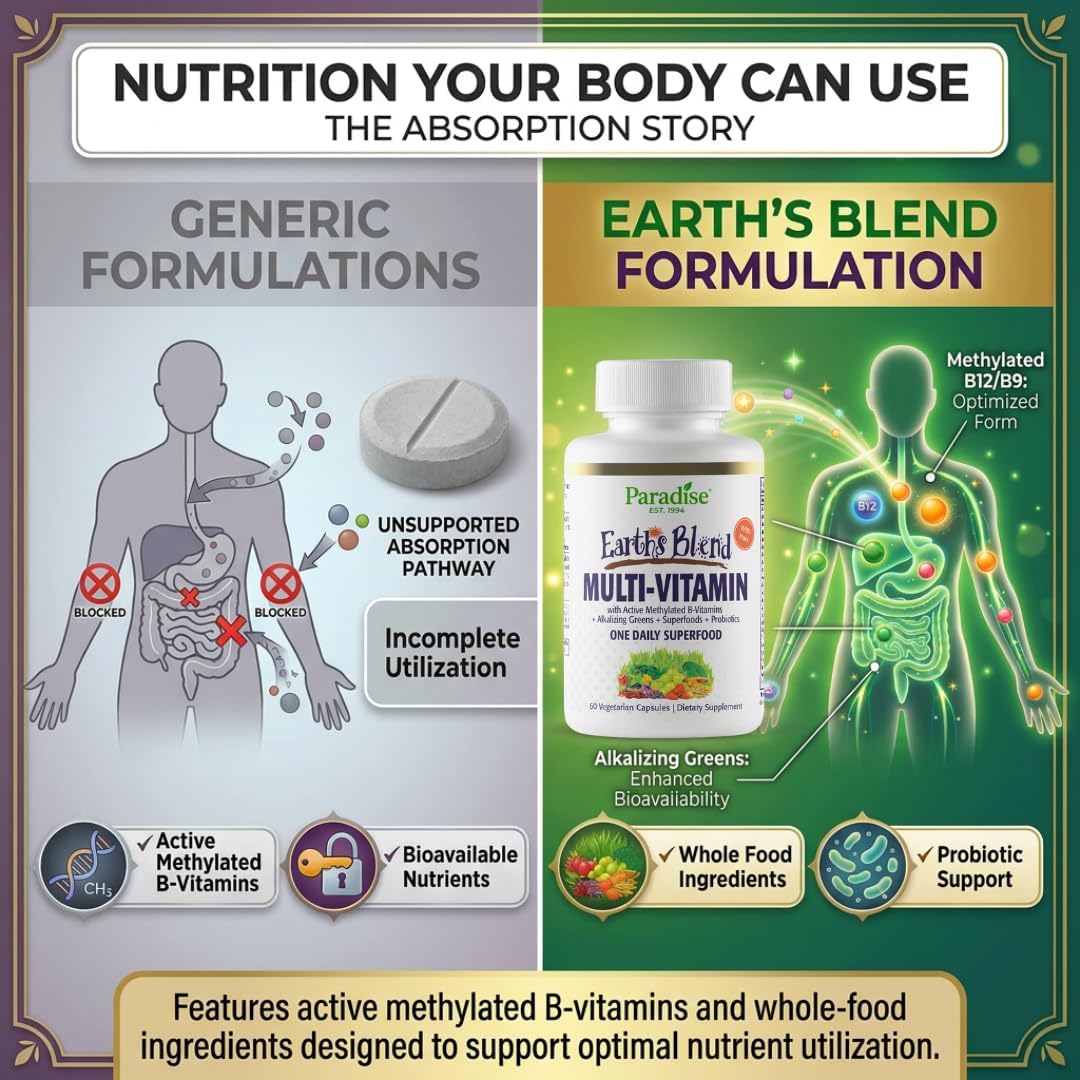 Paradise Herbs Earth's Blend Multivitamínico Diario con Hierro, 48 Superalimentos, Probióticos, Antioxidantes, Vitaminas A, B12, C, D, K2, 60 Cápsulas