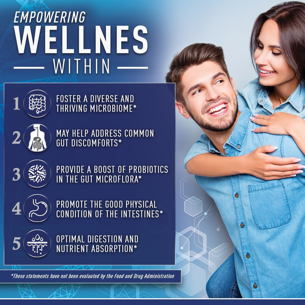 Purely Optimal Probióticos para la Salud Digestiva, 60 mil millones de UFC – Liberación retardada con enzimas digestivas y prebióticos orgánicos – Apoyo contra la hinchazón, inmunidad y energía, 30 cápsulas