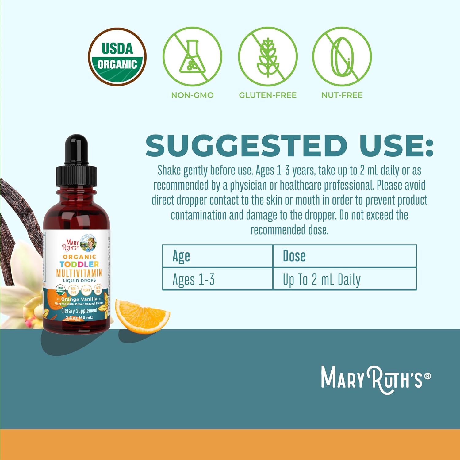 MaryRuth's Organics Multivitamínico con Hierro para Niños de 1 a 3 años, Gotas Líquidas Orgánicas, 59 ml