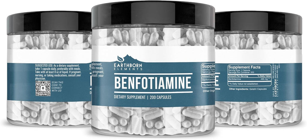 Earthborn Elements Benfotiamina 200 Cápsulas, Pura y Sin Diluir, Sin Aditivos