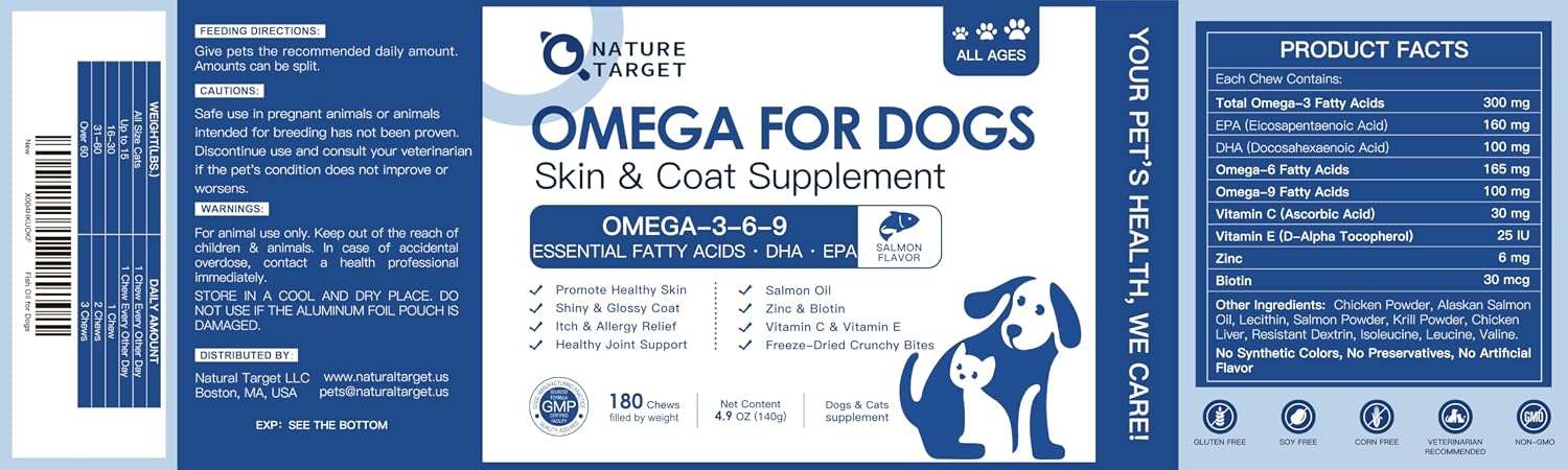 NATURE TARGET Omega 3 para perros, 180 masticables sabor pollo