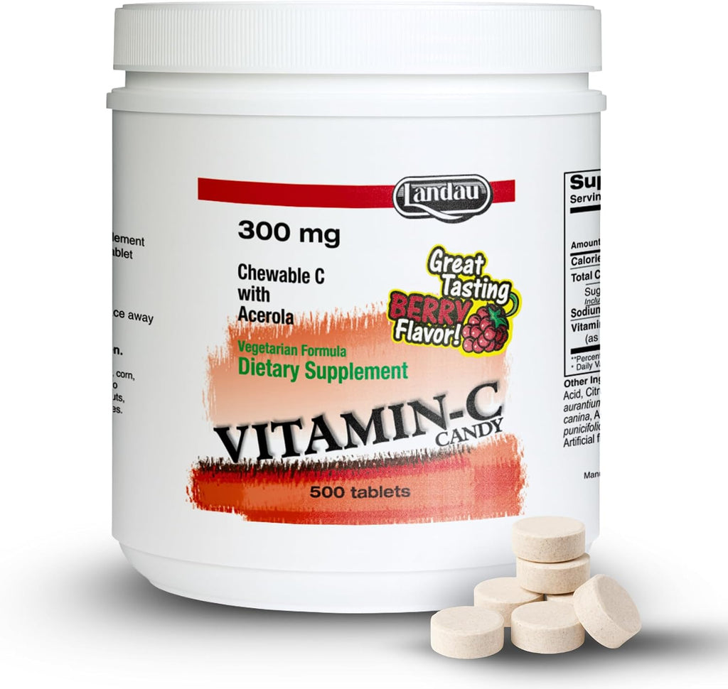 LANDAU 300mg Vitamina C Masticable con Acerola - 500 Comprimidos - Sabor a Baya - Kosher