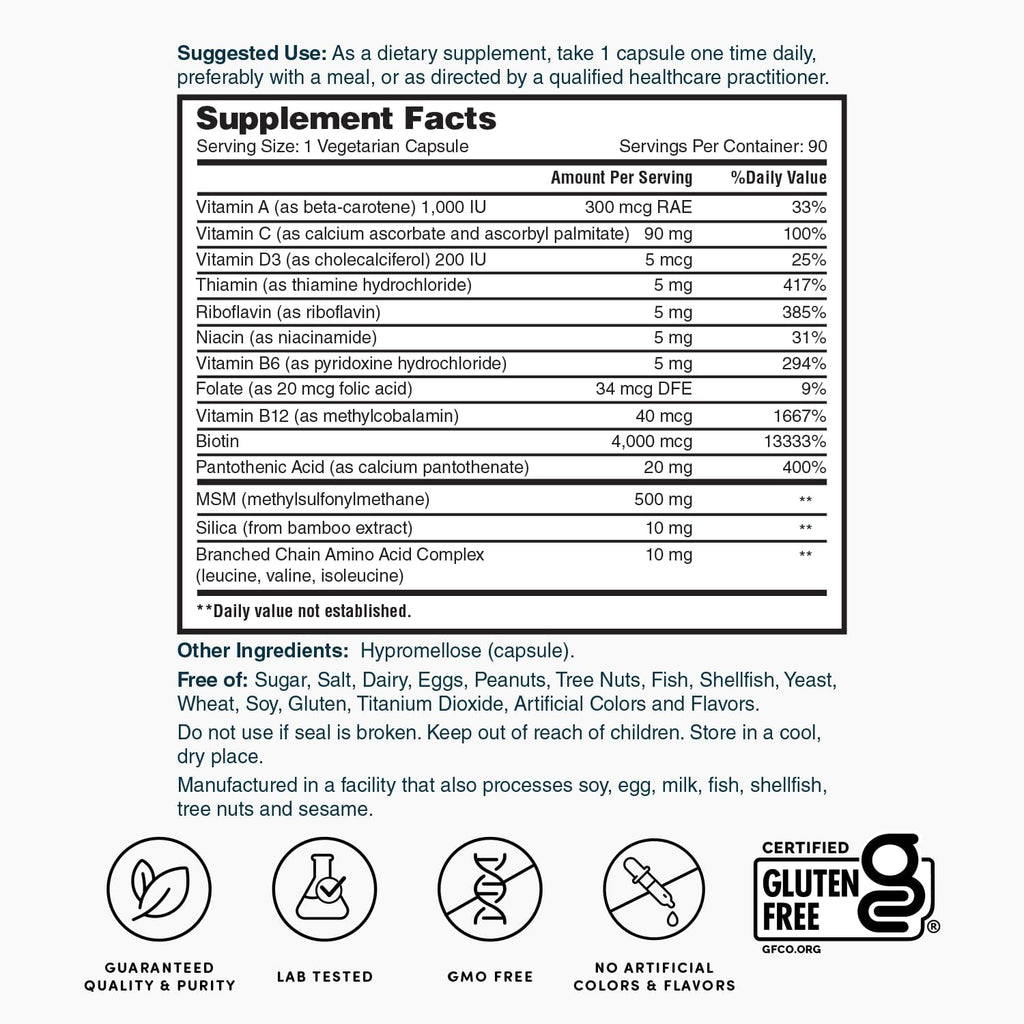 Nature's Lab Hair, Skin & Nails - Biotina, BCAA, MSM, Complejo vitamínico - 90 Cápsulas