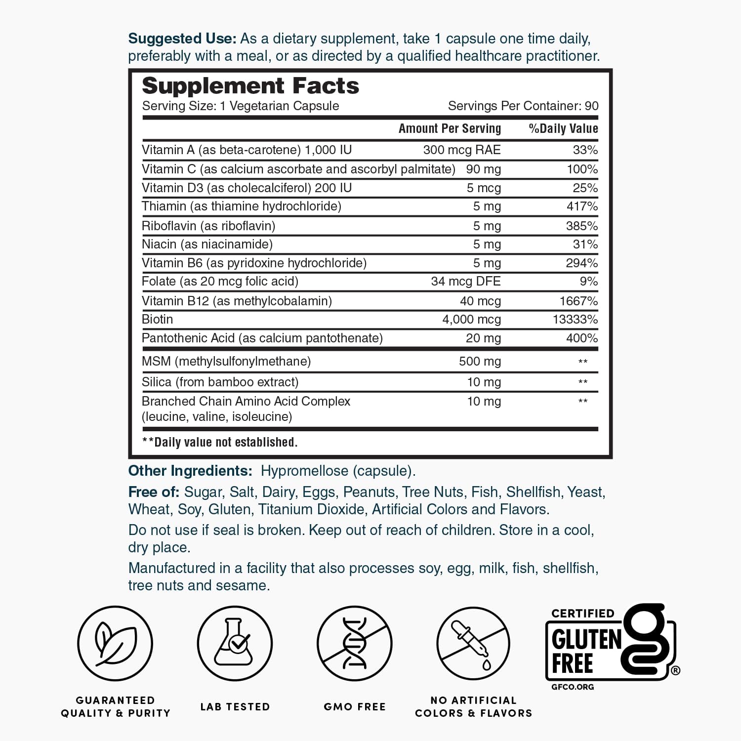 Nature's Lab Hair, Skin & Nails - Biotina, BCAA, MSM, Complejo vitamínico - 90 Cápsulas