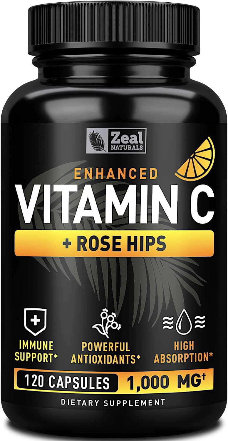 Zeal Naturals Vitamina C con Escaramujo 1000 mg - Ácido Ascórbico Puro - 120 Cápsulas