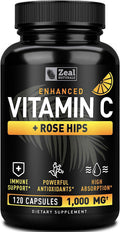 Zeal Naturals Vitamina C con Escaramujo 1000 mg - Ácido Ascórbico Puro - 120 Cápsulas